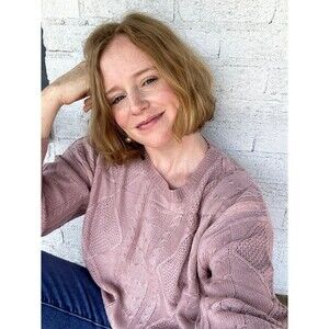 New HUBERY Knitted Women Round Neck Long Sleeve Solid Pink Pullover Sweater, S